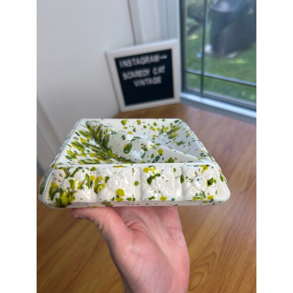 Drip glaze pottery ashtray vintage ceramic square white and green splatter - Picture 2 of 3